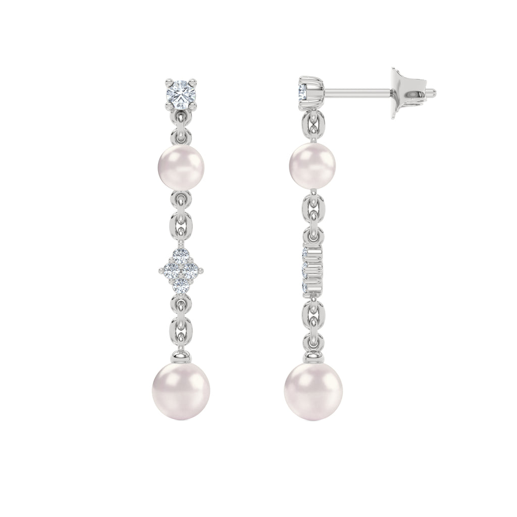 Eden 4mm and 5mm Round Pearls and Lab Diamond Drop Earrings in Sterling Silver