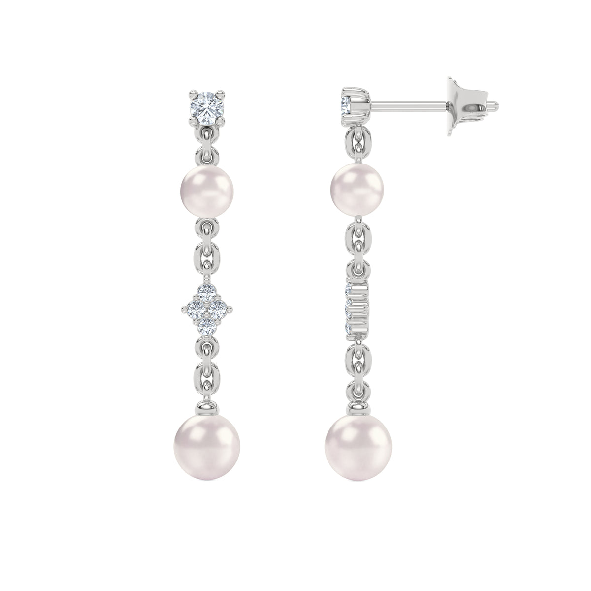 Eden 4mm and 5mm Round Pearls and Lab Diamond Drop Earrings in Sterling Silver