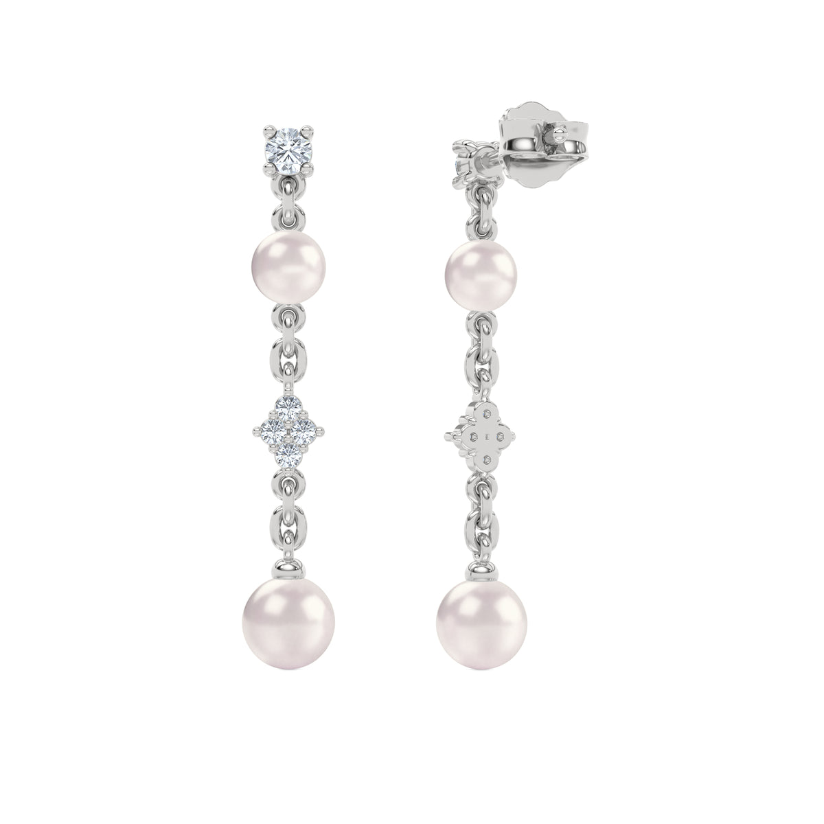 Eden 4mm and 5mm Round Pearls and Lab Diamond Drop Earrings in Sterling Silver