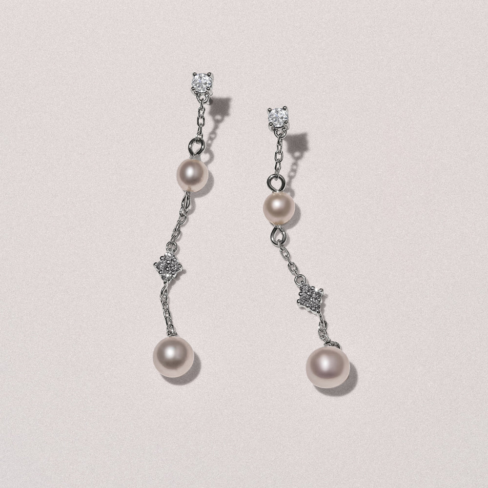 Eden 4mm and 5mm Round Pearls and Lab Diamond Drop Earrings in Sterling Silver