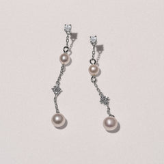 Eden 4mm and 5mm Round Pearls and Lab Diamond Drop Earrings in Sterling Silver