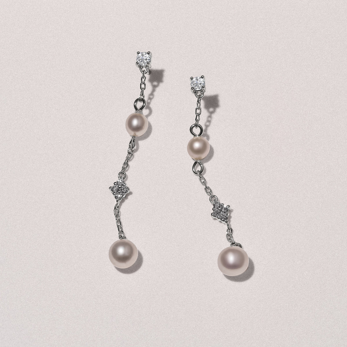 Eden 4mm and 5mm Round Pearls and Lab Diamond Drop Earrings in Sterling Silver