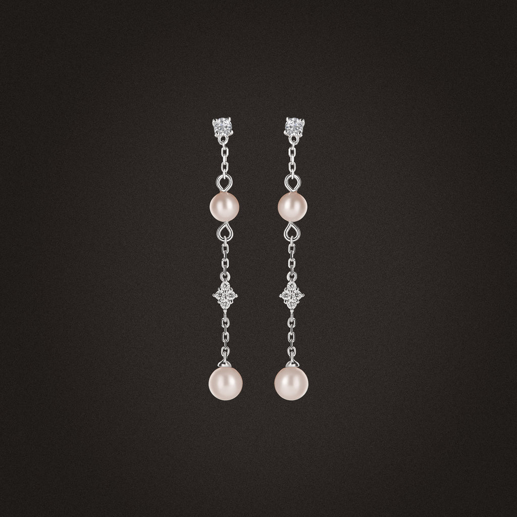 Eden 4mm and 5mm Round Pearls and Lab Diamond Drop Earrings in Sterling Silver