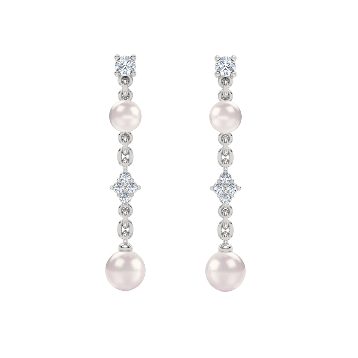 Eden 4mm and 5mm Round Pearls and Lab Diamond Drop Earrings in Sterling Silver