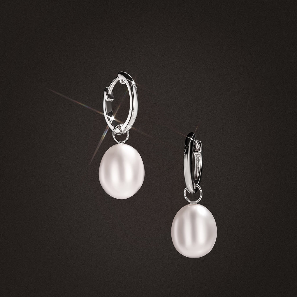 Eden 11mm and 13mm Oval Pearl Huggie Earrings in Sterling Silver