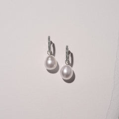 Eden 11mm and 13mm Oval Pearl and Lab Diamond Drop Earrings in Sterling Silver