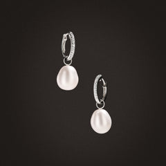 Eden 11mm and 13mm Oval Pearl and Lab Diamond Drop Earrings in Sterling Silver