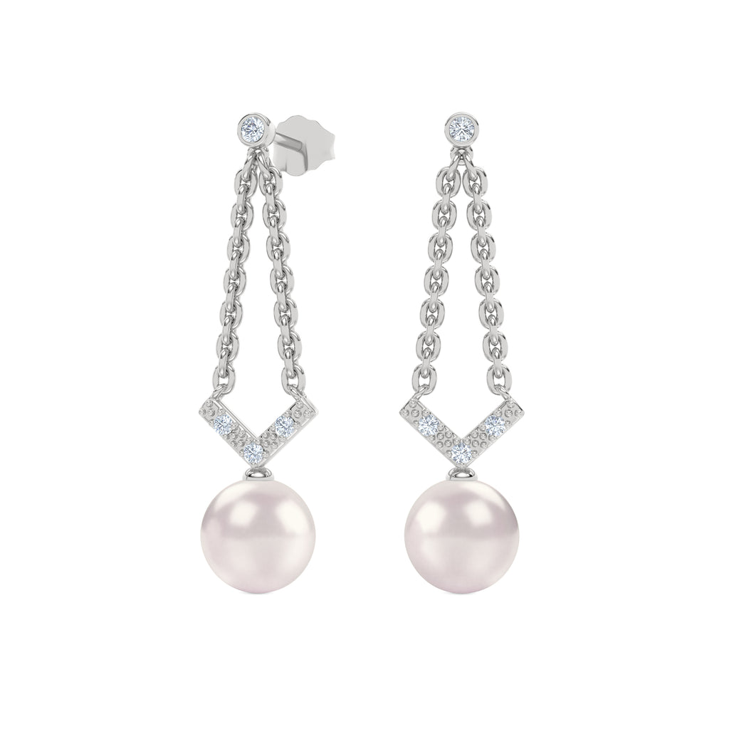 Eden 7.5mm Round Pearl and Lab Diamond Drop Earrings in Sterling Silver