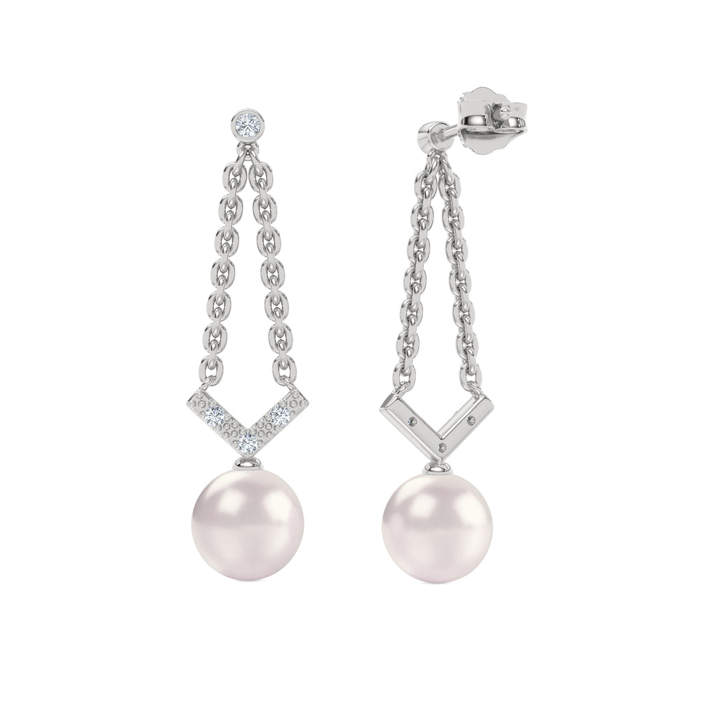 Eden 7.5mm Round Pearl and Lab Diamond Drop Earrings in Sterling Silver