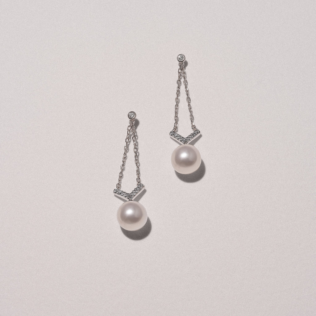 Eden 7.5mm Round Pearl and Lab Diamond Drop Earrings in Sterling Silver