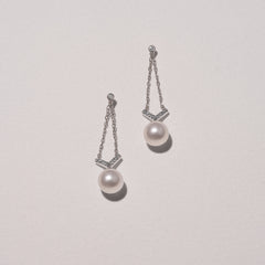 Eden 7.5mm Round Pearl and Lab Diamond Drop Earrings in Sterling Silver