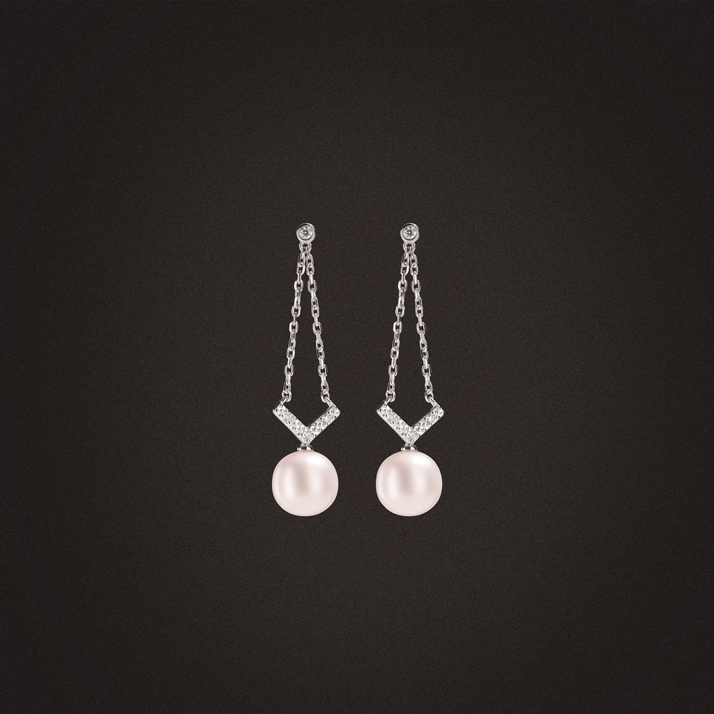 Eden 7.5mm Round Pearl and Lab Diamond Drop Earrings in Sterling Silver