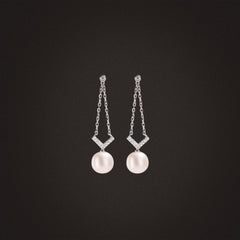 Eden 7.5mm Round Pearl and Lab Diamond Drop Earrings in Sterling Silver