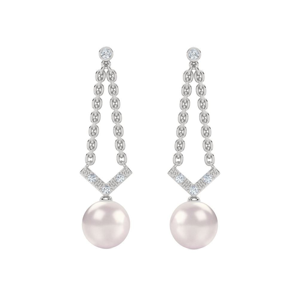 Eden 7.5mm Round Pearl and Lab Diamond Drop Earrings in Sterling Silver