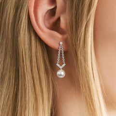 Eden 7.5mm Round Pearl and Lab Diamond Drop Earrings in Sterling Silver