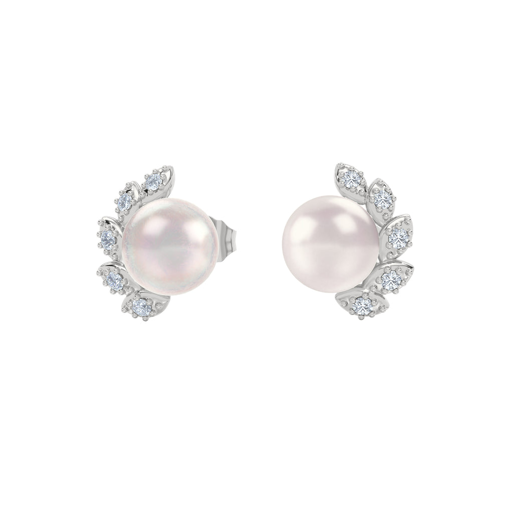 Eden 7.5mm Round Pearl and Lab Diamond Stud Earrings in Sterling Silver