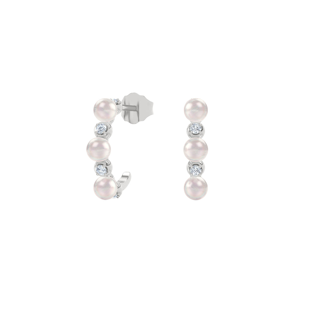 Eden 3mm Round Pearl and Lab Diamond Huggie Earrings in Sterling Silver