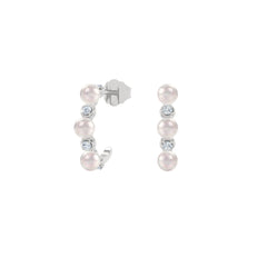 Eden 3mm Round Pearl and Lab Diamond Huggie Earrings in Sterling Silver
