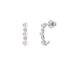 Eden 3mm Round Pearl and Lab Diamond Huggie Earrings in Sterling Silver