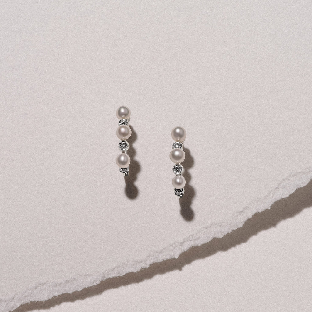 Eden 3mm Round Pearl and Lab Diamond Huggie Earrings in Sterling Silver