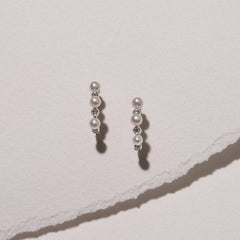 Eden 3mm Round Pearl and Lab Diamond Huggie Earrings in Sterling Silver