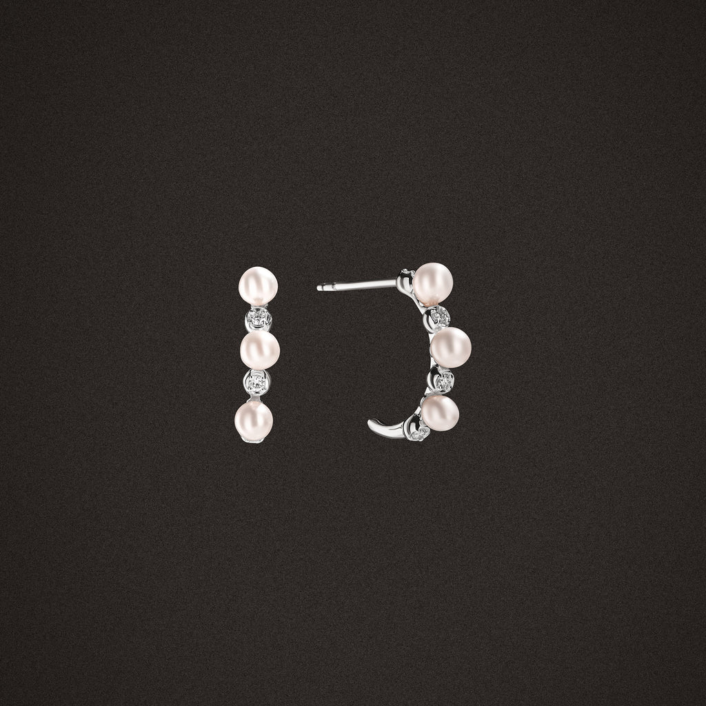 Eden 3mm Round Pearl and Lab Diamond Huggie Earrings in Sterling Silver