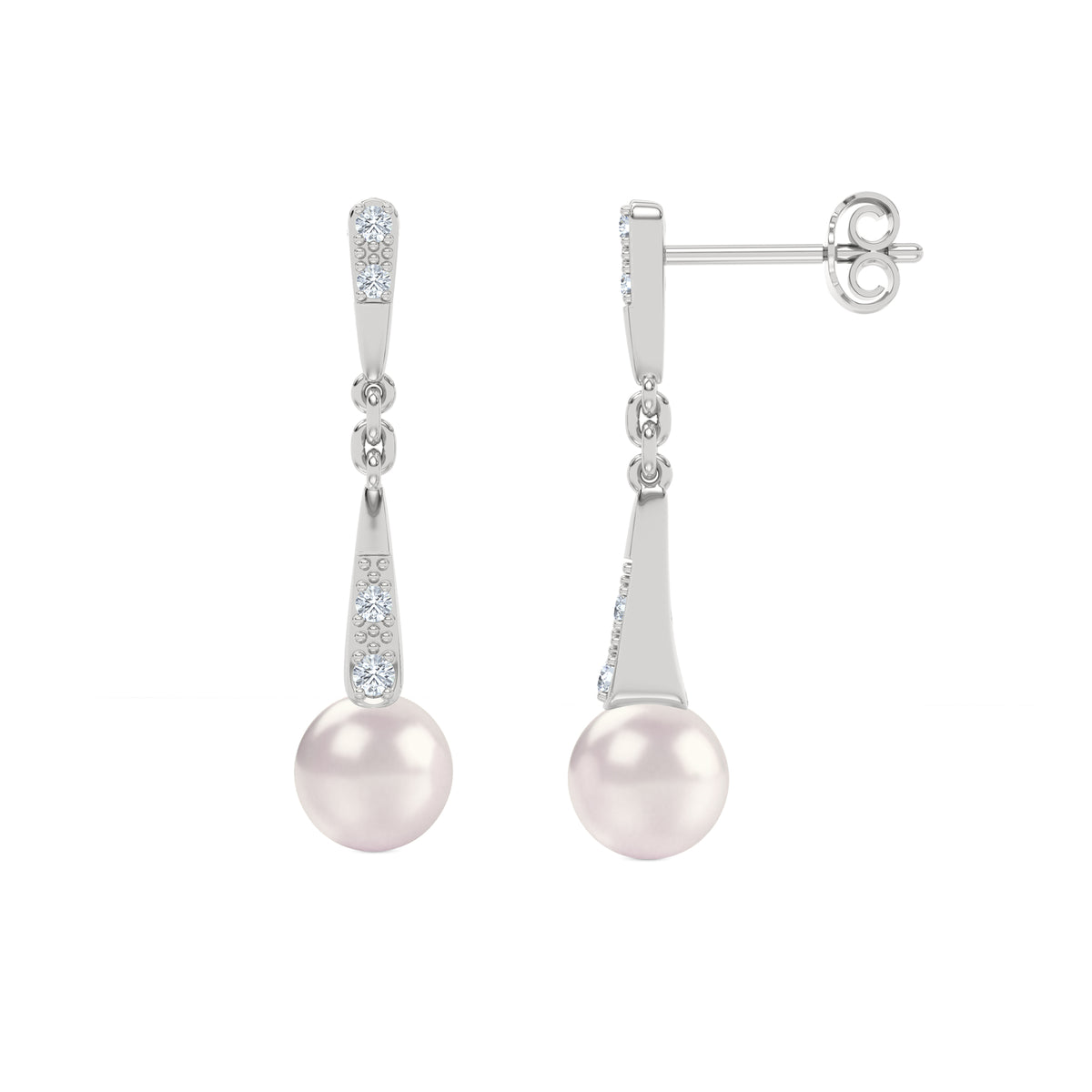 Eden 6.5mm Round Pearl and Lab Diamond Drop Earrings in Sterling Silver