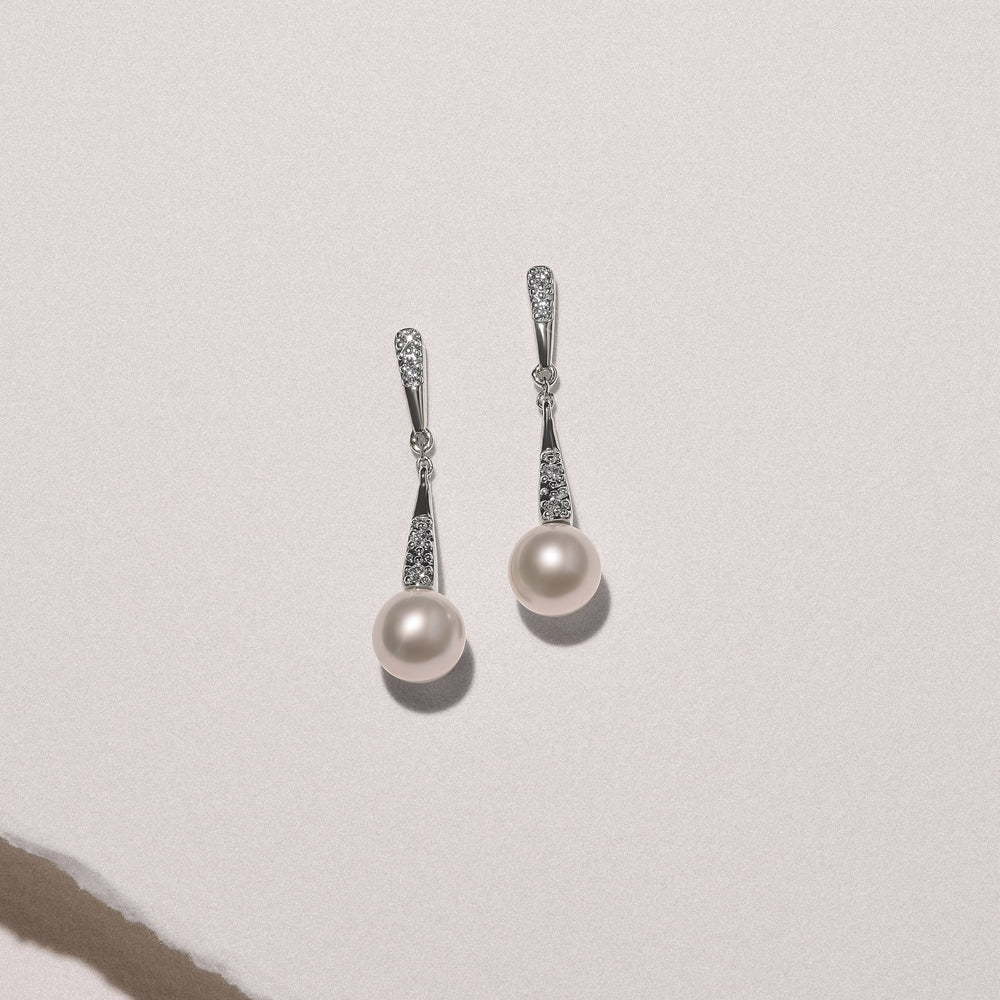 Eden 6.5mm Round Pearl and Lab Diamond Drop Earrings in Sterling Silver