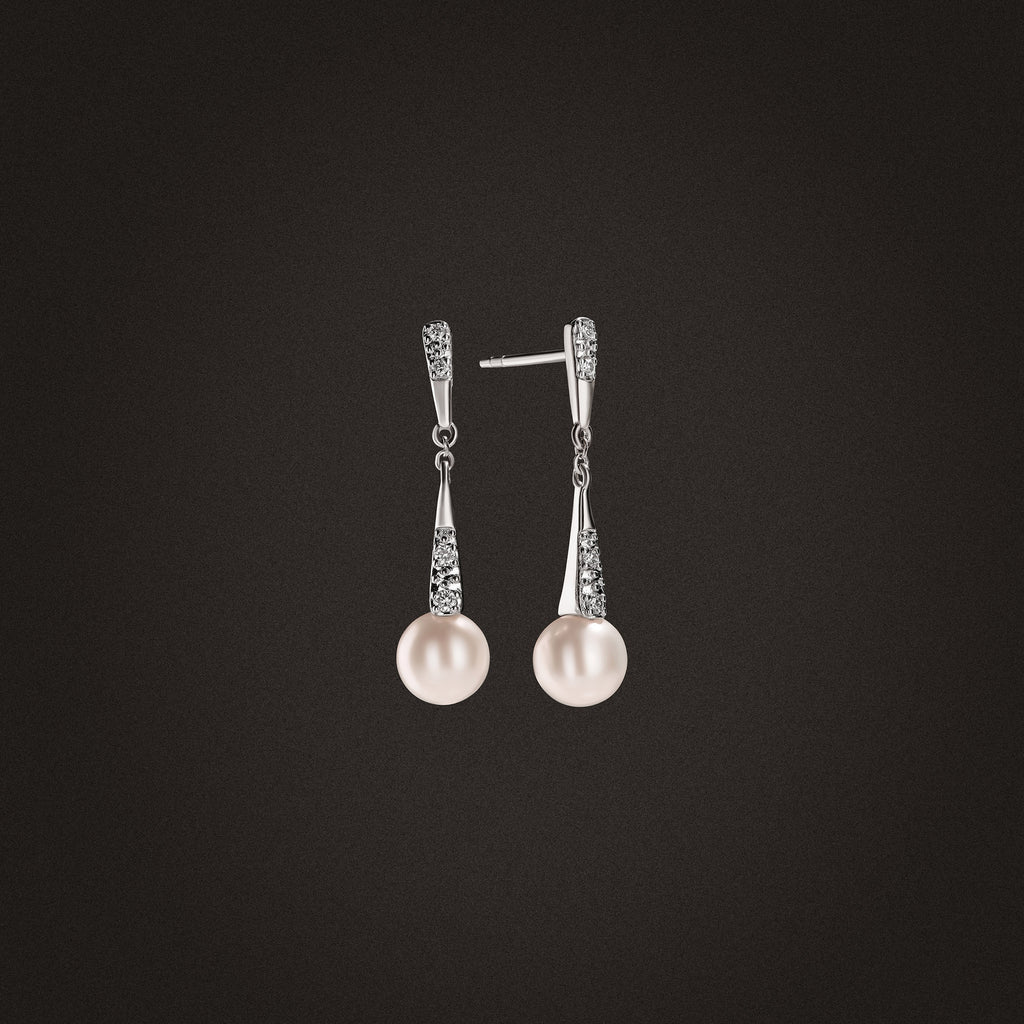 Eden 6.5mm Round Pearl and Lab Diamond Drop Earrings in Sterling Silver