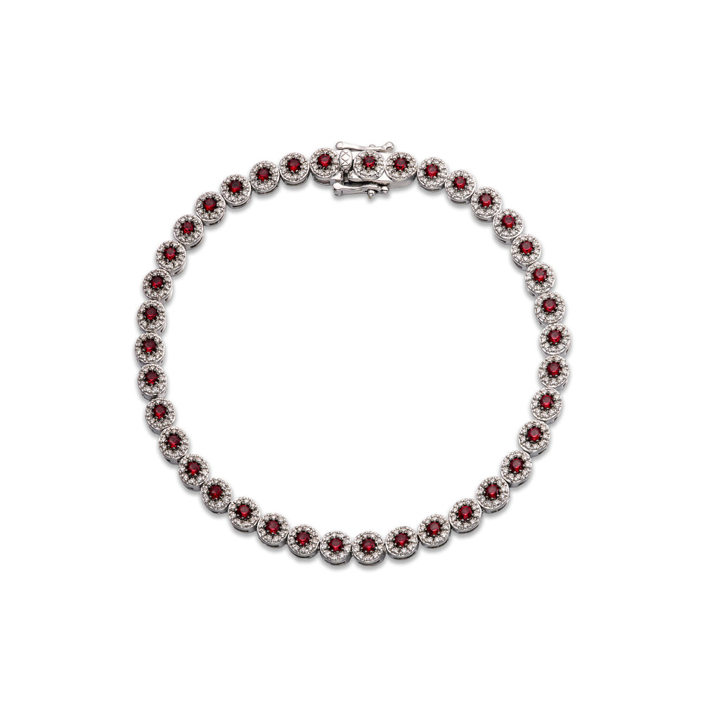 Stellato 1.50ct Round Cut Lab Ruby Halo Tennis Bracelet in Sterling Silver