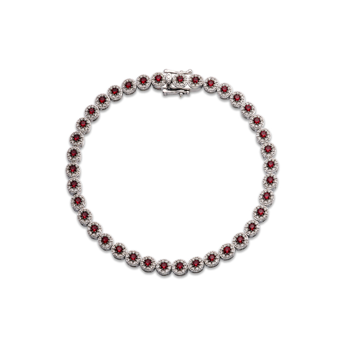Stellato 1.50ct Round Cut Lab Ruby Halo Tennis Bracelet in Sterling Silver