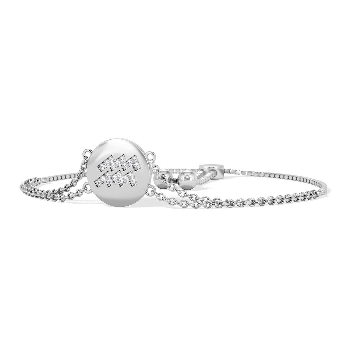 Astrology Aquarius 0.07ct Lab Grown Diamond Adjustable Medallion Bracelet Sterling Silver