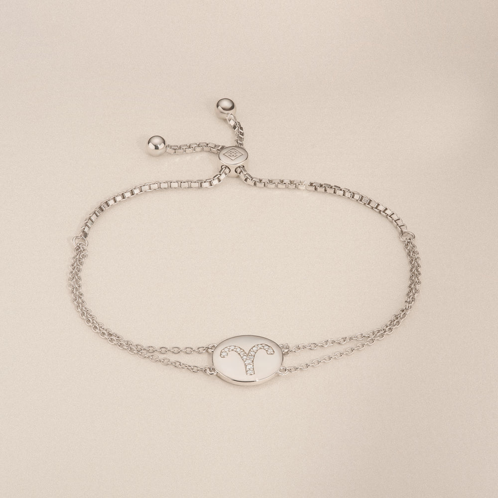 Astrology Aries 0.07ct Lab Grown Diamond Adjustable Medallion Bracelet Sterling Silver