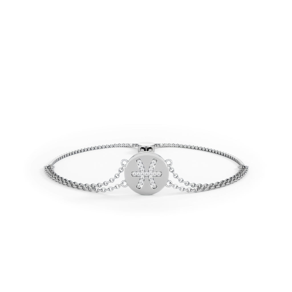 Astrology Pisces 0.07ct Lab Grown Diamond Adjustable Medallion Bracelet Sterling Silver