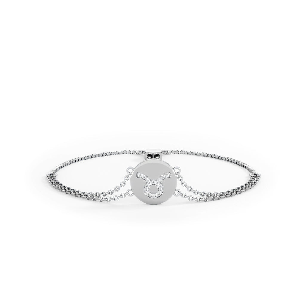 Astrology Taurus 0.07ct Lab Grown Diamond Adjustable Medallion Bracelet Sterling Silver