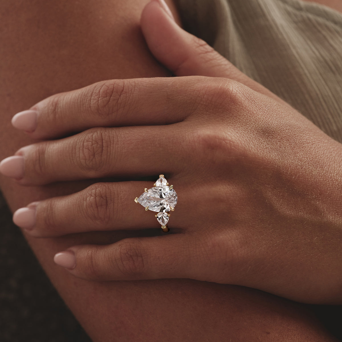 Adore 6.00ct Pear Cut Lab Diamond 3 Stone Engagement Ring in 18K Yellow Gold