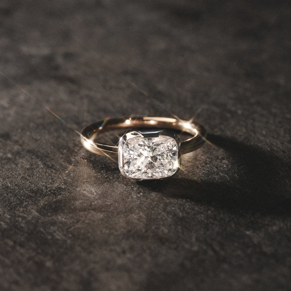 East West 2.00ct Elongated Cushion Cut Lab Diamond Solitaire Engagement Ring in 18K Yellow Gold