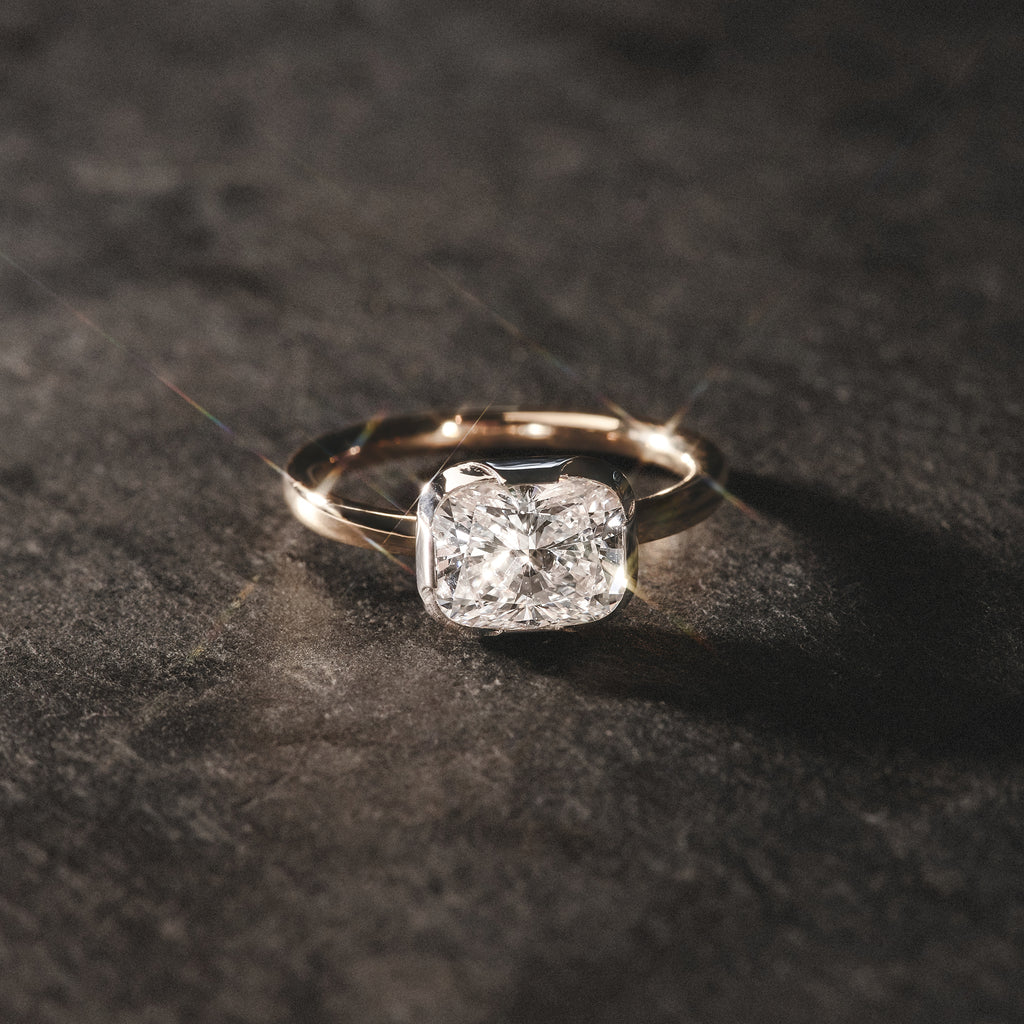 East West 2.00ct Elongated Cushion Cut Lab Diamond Solitaire Engagement Ring in 18K Yellow Gold