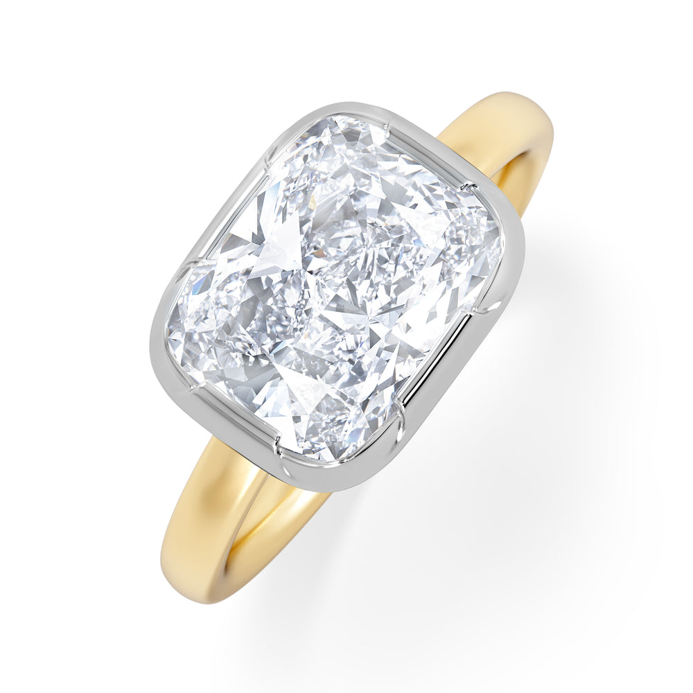 East West 3.00ct Elongated Cushion Cut Lab Diamond Solitaire Engagement Ring in 18K Yellow Gold