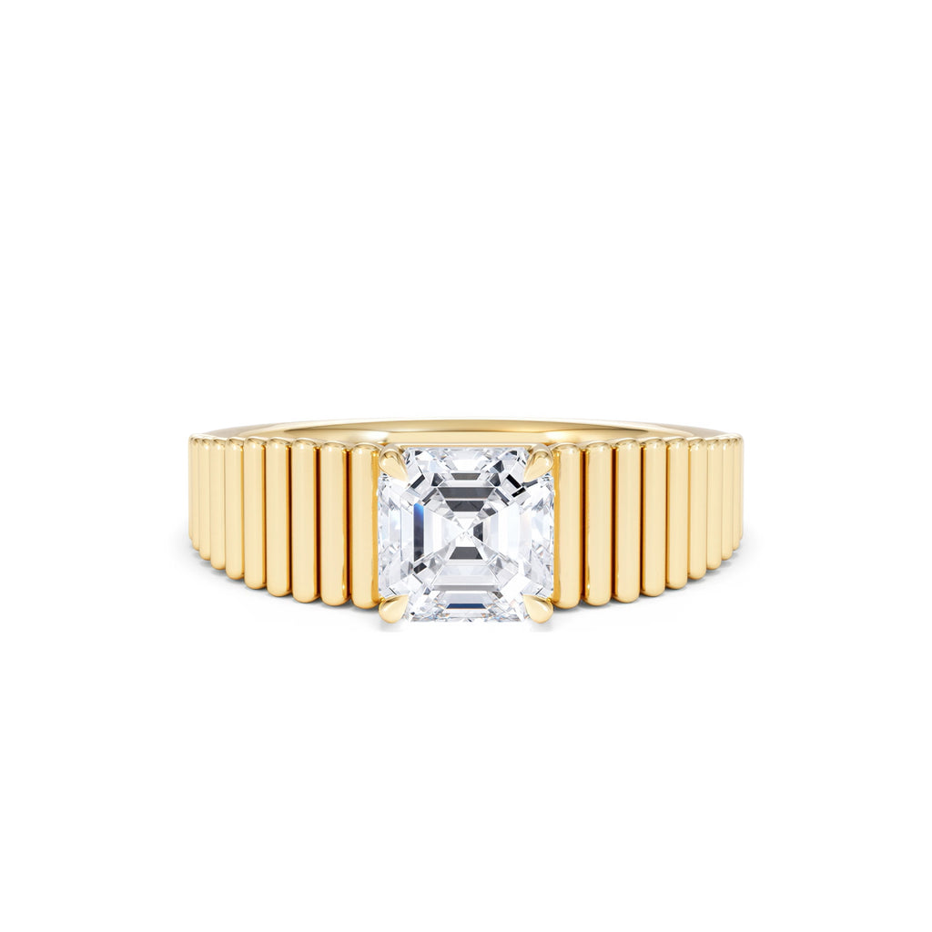 Flute 1.00ct Assher Cut Lab Grown Diamond Solitaire Ring 18K Yellow Gold