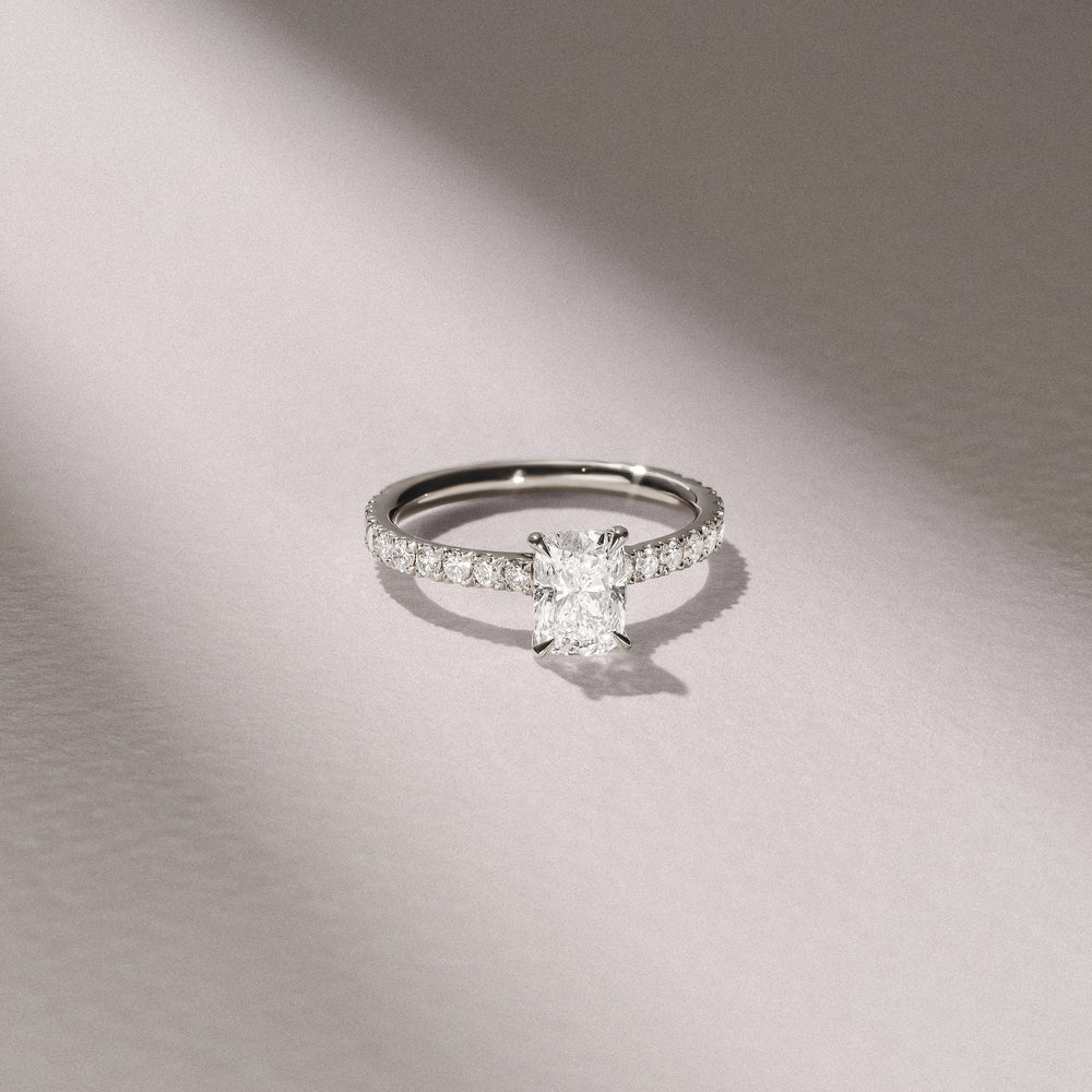 Amora 1.00ct Elongated Cushion Cut Lab Diamond Hidden Halo Engagement Ring with Side Stones in 18K White Gold