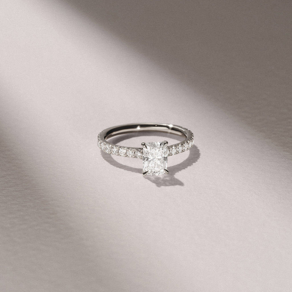 Amora 1.00ct Elongated Cushion Cut Lab Diamond Hidden Halo Engagement Ring with Side Stones in 18K White Gold