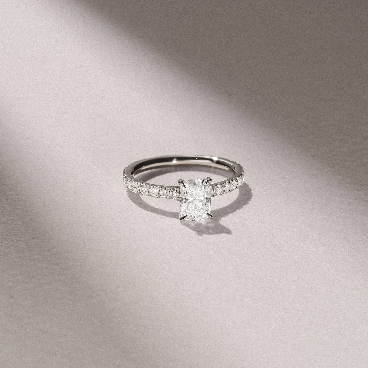 Amora 1.00ct Elongated Cushion Cut Lab Diamond Hidden Halo Engagement Ring with Side Stones in 18K White Gold