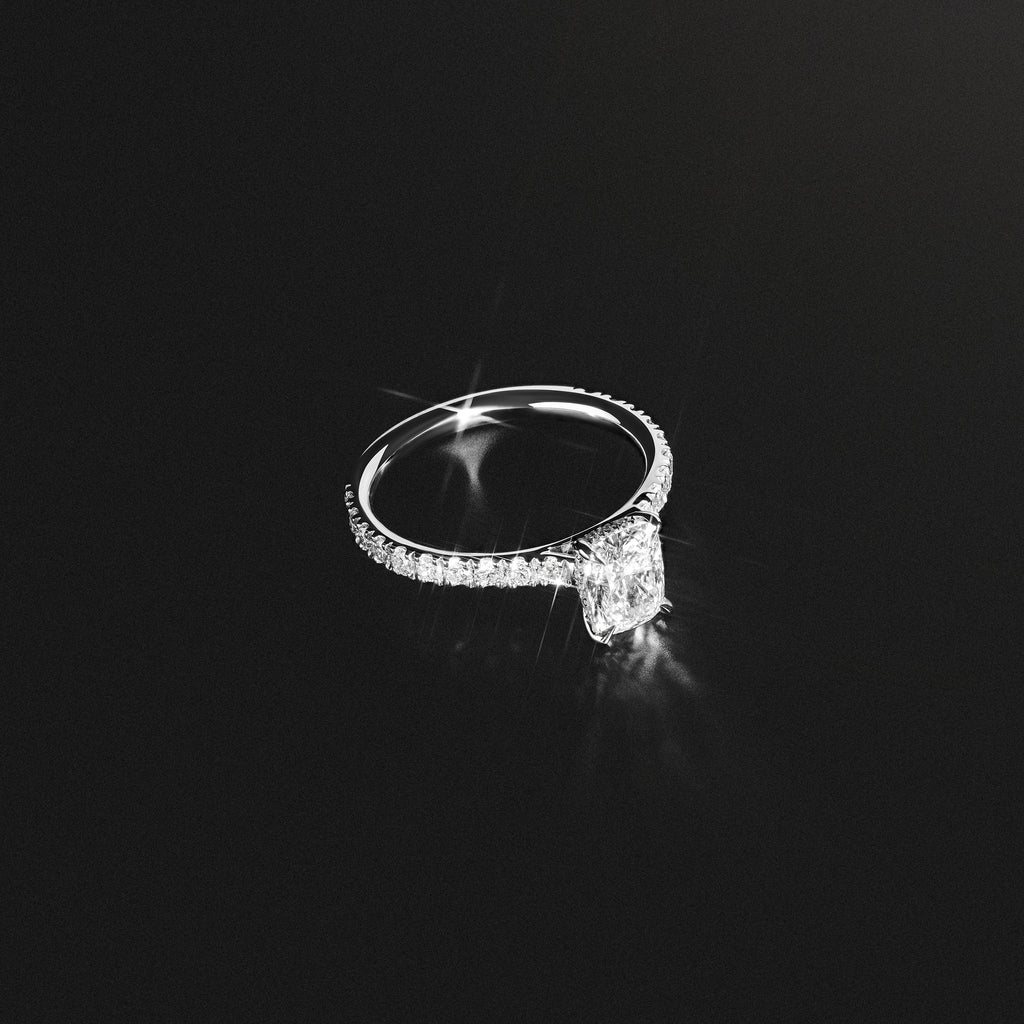 Amora 1.00ct Elongated Cushion Cut Lab Diamond Hidden Halo Engagement Ring with Side Stones in 18K White Gold