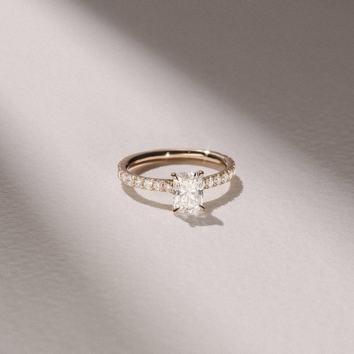 Amora 1.00ct Elongated Cushion Cut Lab Diamond Hidden Halo Engagement Ring with Side Stones in 18K Yellow Gold
