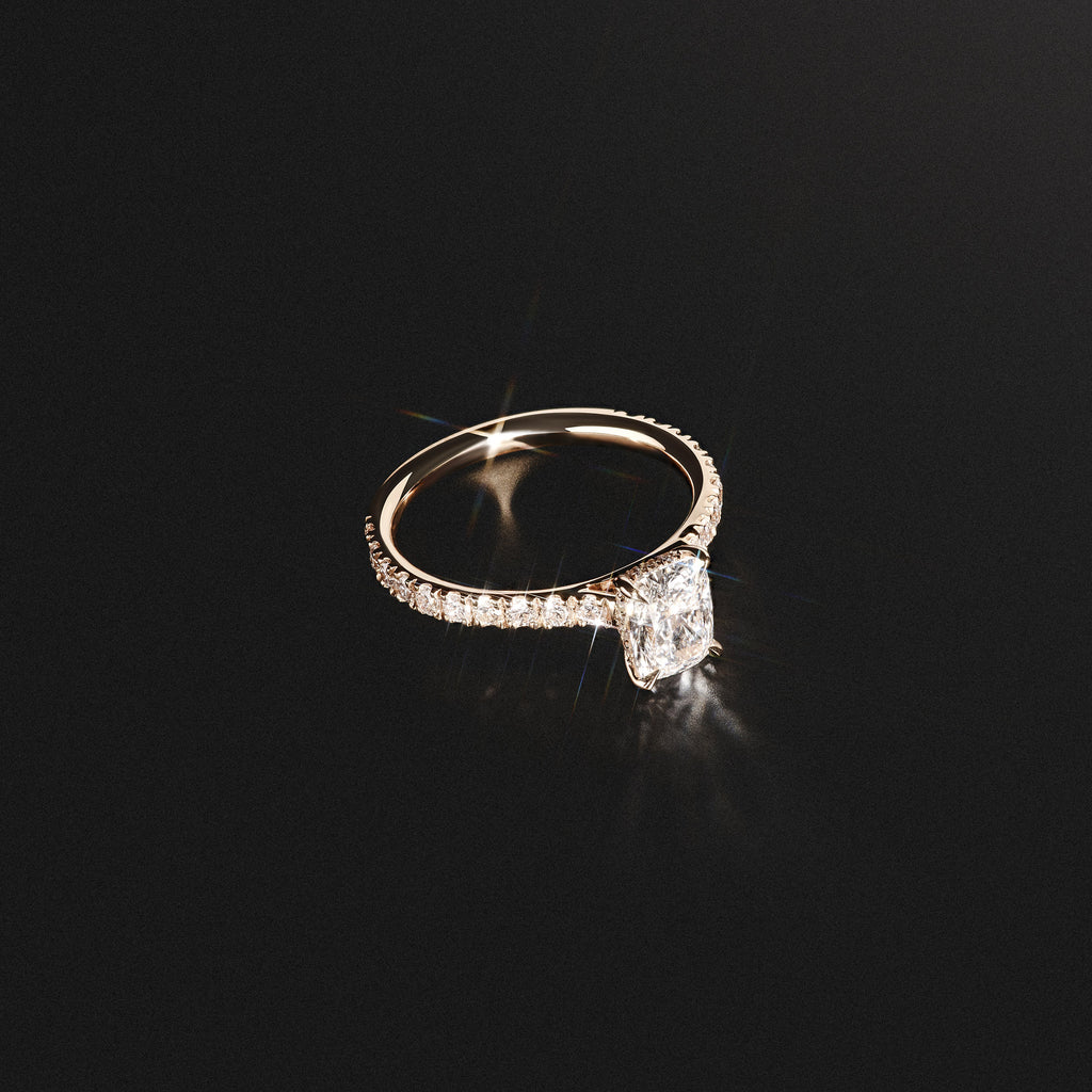 Amora 1.00ct Elongated Cushion Cut Lab Diamond Hidden Halo Engagement Ring with Side Stones in 18K Yellow Gold