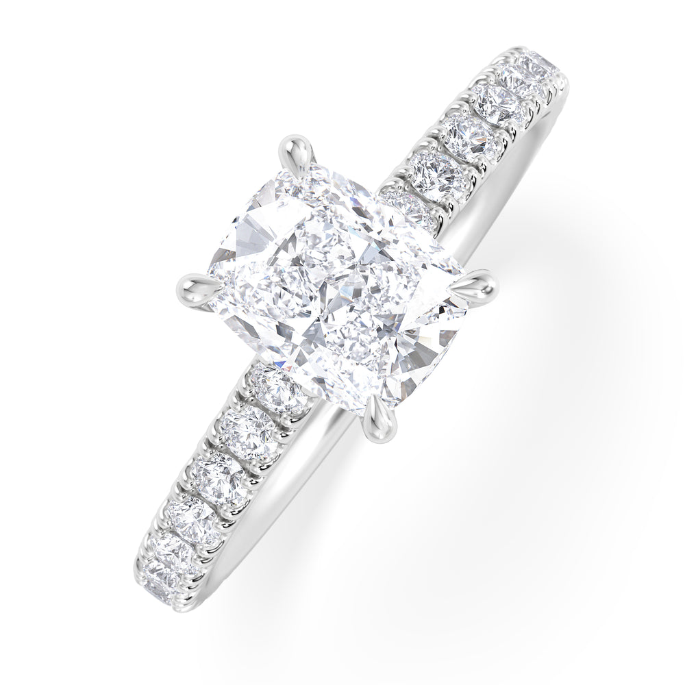 Amora 1.00ct Elongated Cushion Cut Lab Diamond Hidden Halo Engagement Ring with Side Stones in 18K White Gold