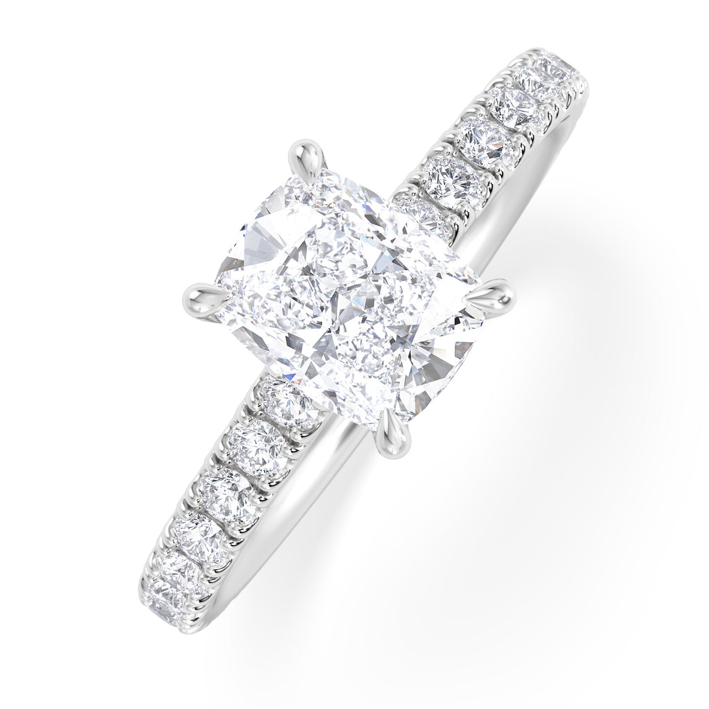 Amora 1.00ct Elongated Cushion Cut Lab Diamond Hidden Halo Engagement Ring with Side Stones in 18K White Gold