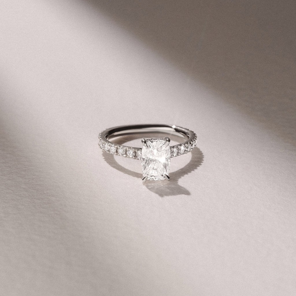 Amora 2.00ct Elongated Cushion Cut Lab Diamond Hidden Halo Engagement Ring with Side Stones in 18K White Gold