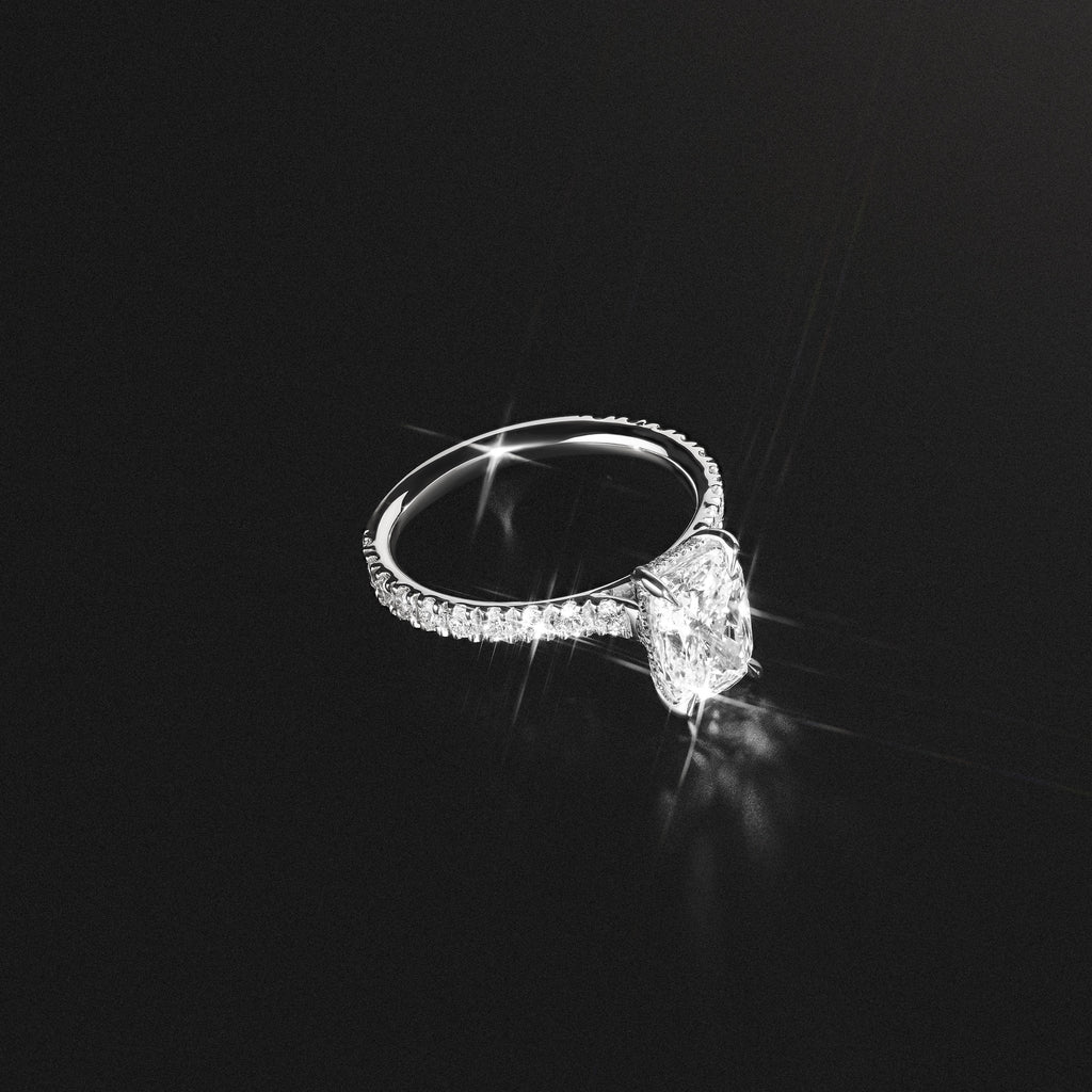 Amora 2.00ct Elongated Cushion Cut Lab Diamond Hidden Halo Engagement Ring with Side Stones in Platinum